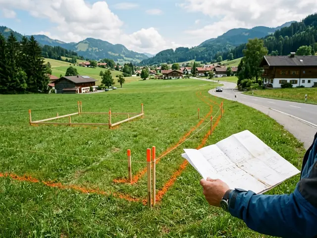 Blick über ein Grundstück, im Vordergrund ein Lageplan