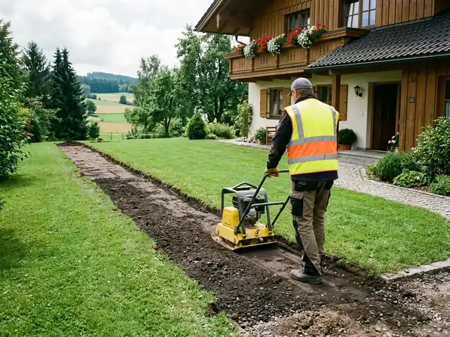 Verfüllter Graben, eine Rüttelplatte verdichtet die Erde