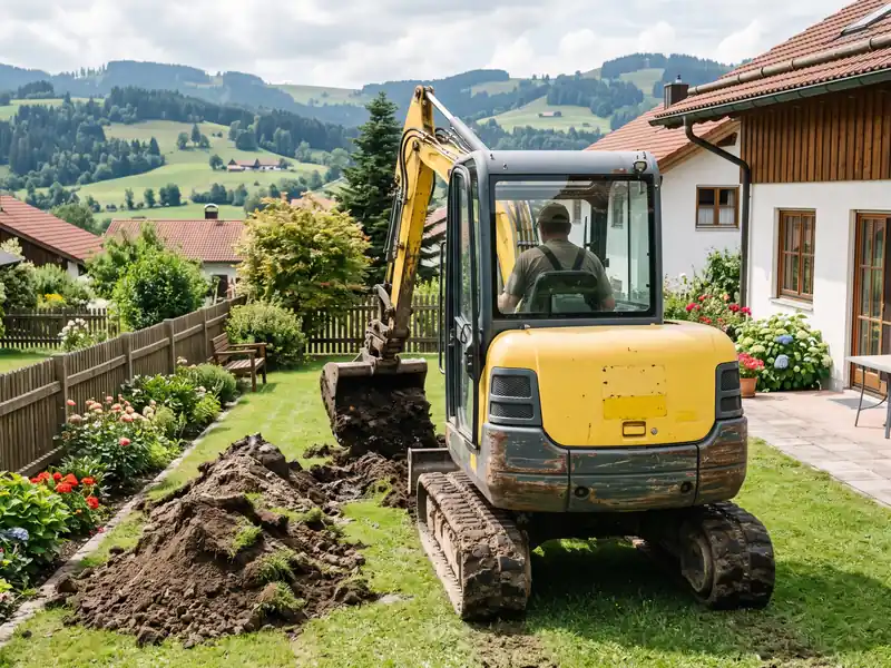 Bagger trägt Oberboden im Garten eines Einfamilienhauses ab