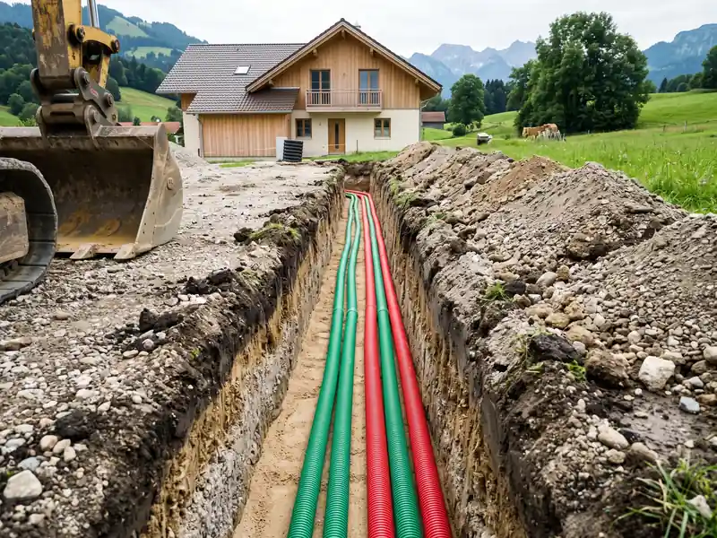 Leitungsgraben mit Leerrohren auf einem Grundstück im Allgäu
