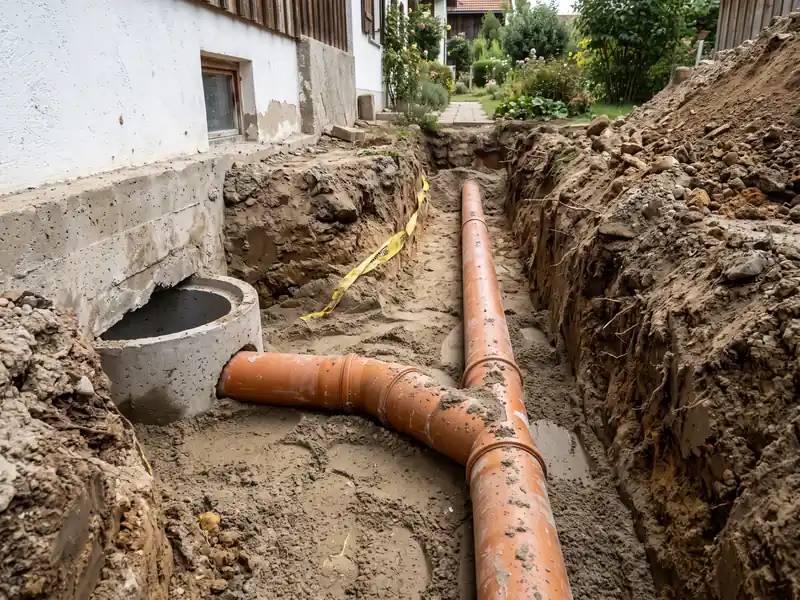 Hausanschluss-Graben mit Abwasserrohr auf dem Weg zum Kanal