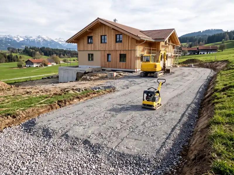 Verdichteter Schotter als Unterbau einer Hofzufahrt