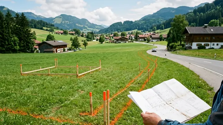 Lageplan eines Grundstücks, dahinter ein Garten